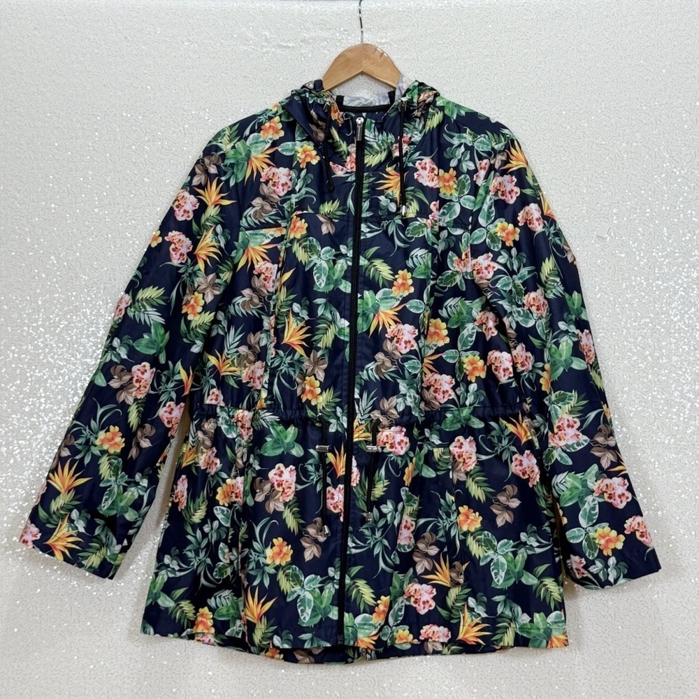 Susan Graver XL Tropical Floral Hooded Utility Jacket Zip Front - Picture 4 of 15